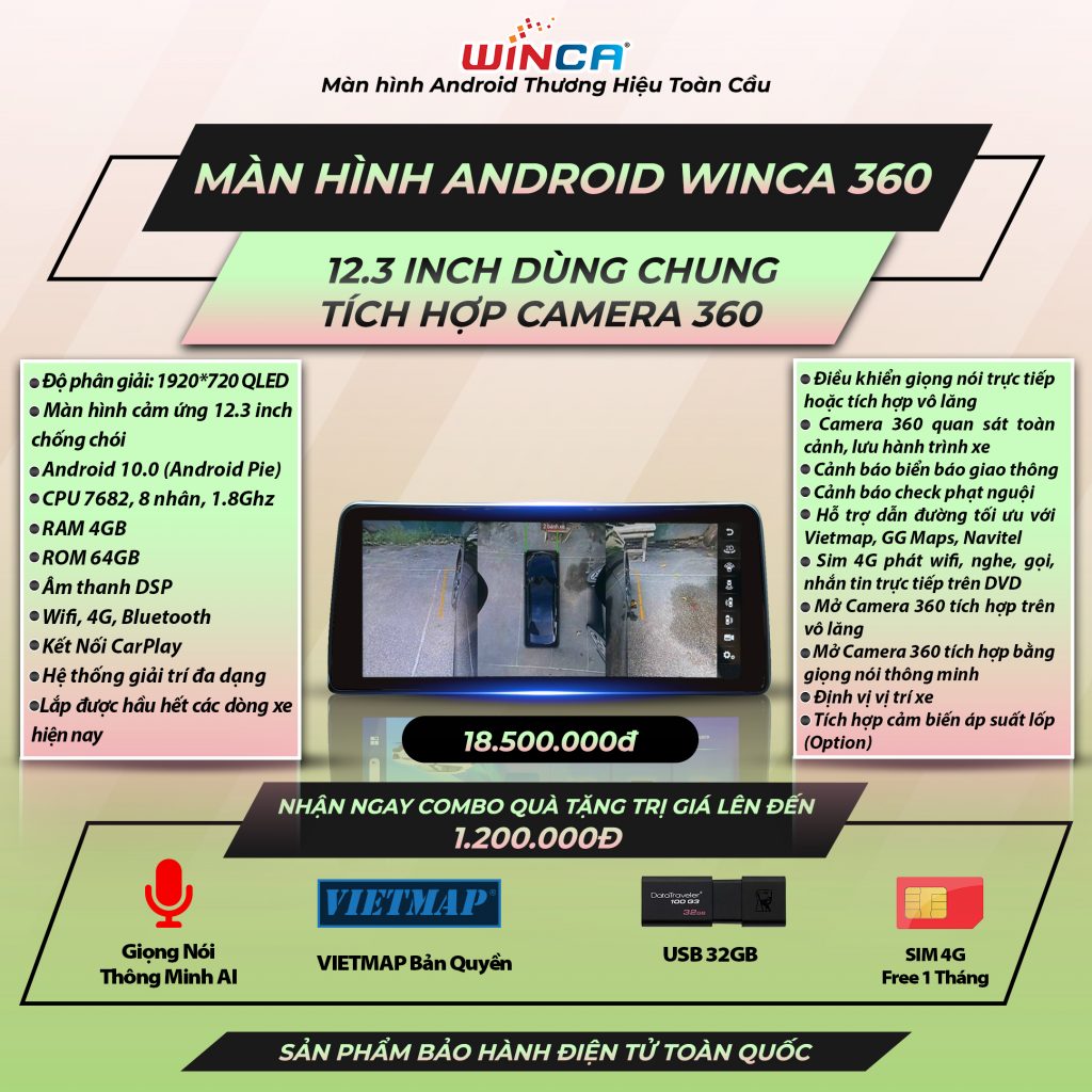 Màn hình Android 12.3 inch tích hợp 360 dùng chung cho nhiều dòng xe