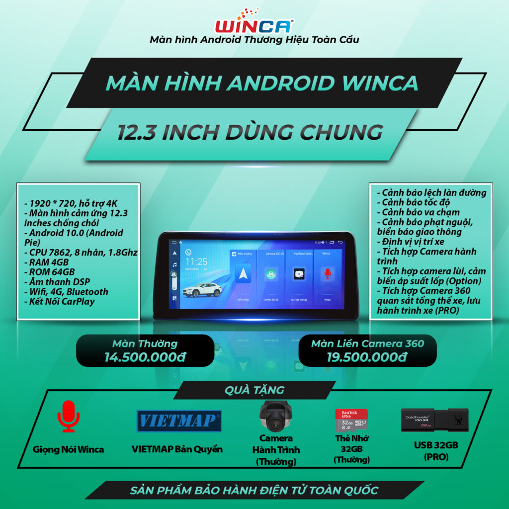 Màn hình Android Winca 12.3 inch dùng chung cho nhiều dòng xe