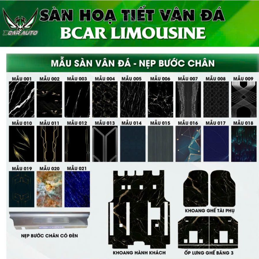 sàn vân đá đế nhôm xe BYD M9 - các mẫu vân đá