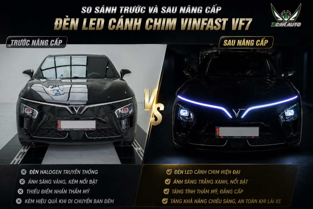 So sánh trước và sau nâng cấp led cánh chim cho Vinfast VF7